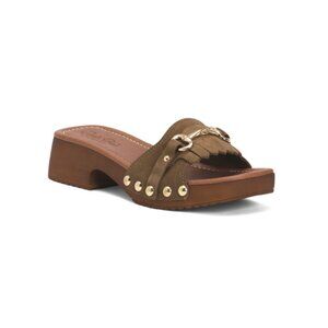 CARLO PERA Italy Suede One Band Clogs With Fringes And Horsebit Detail